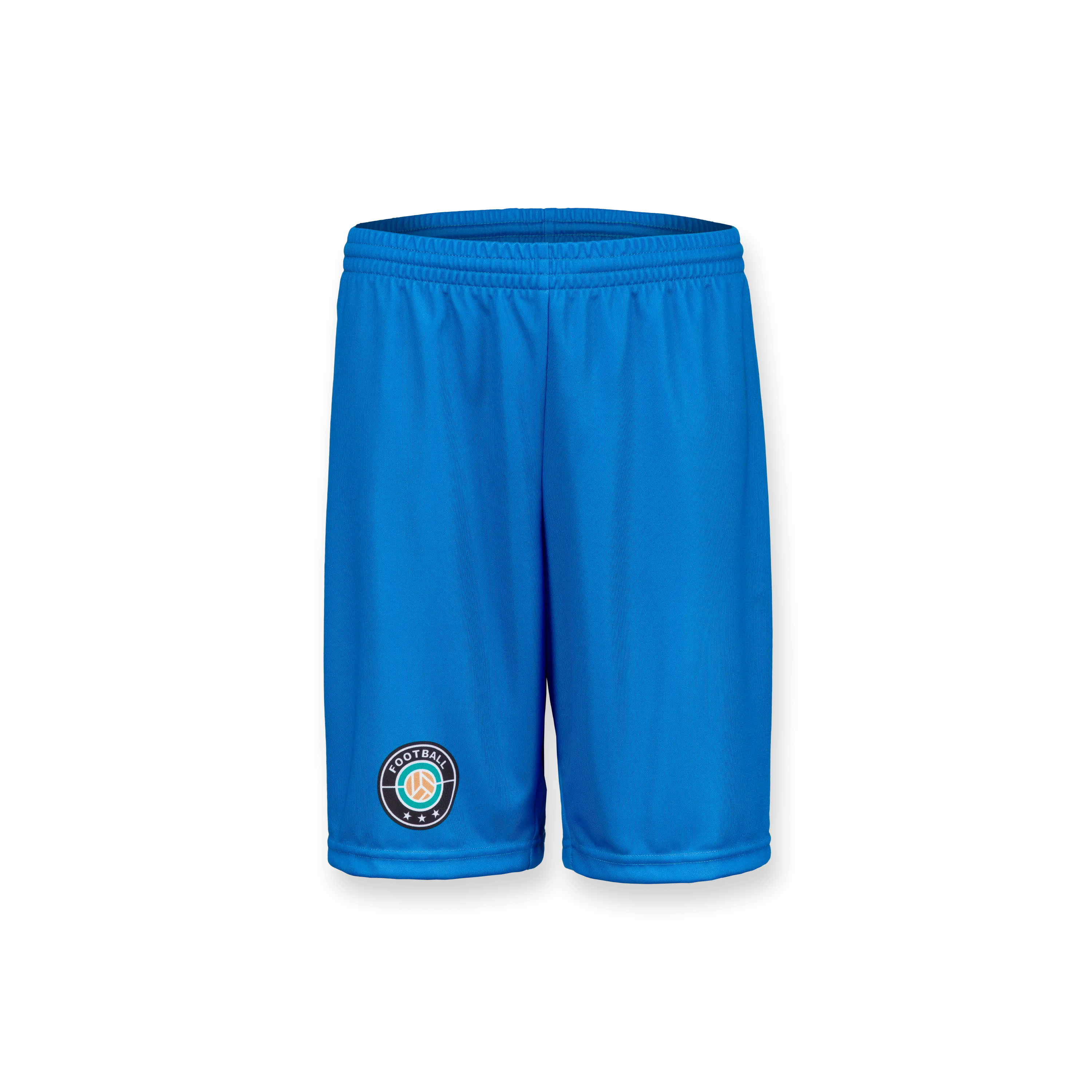Blue sports shorts with an elastic waistband and a round logo on the left side.