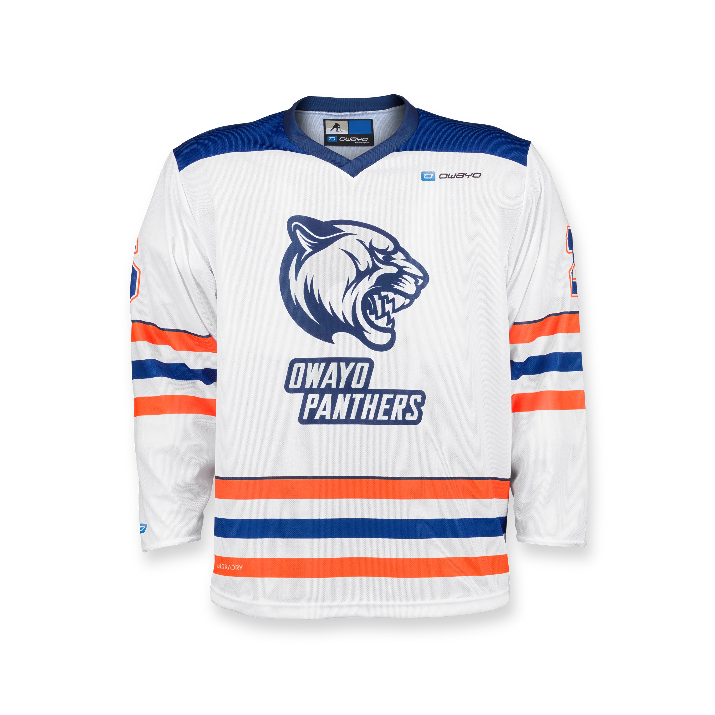 A white hockey jersey with blue and orange stripes featuring the 'PANthers' print and a panther head logo on the front.