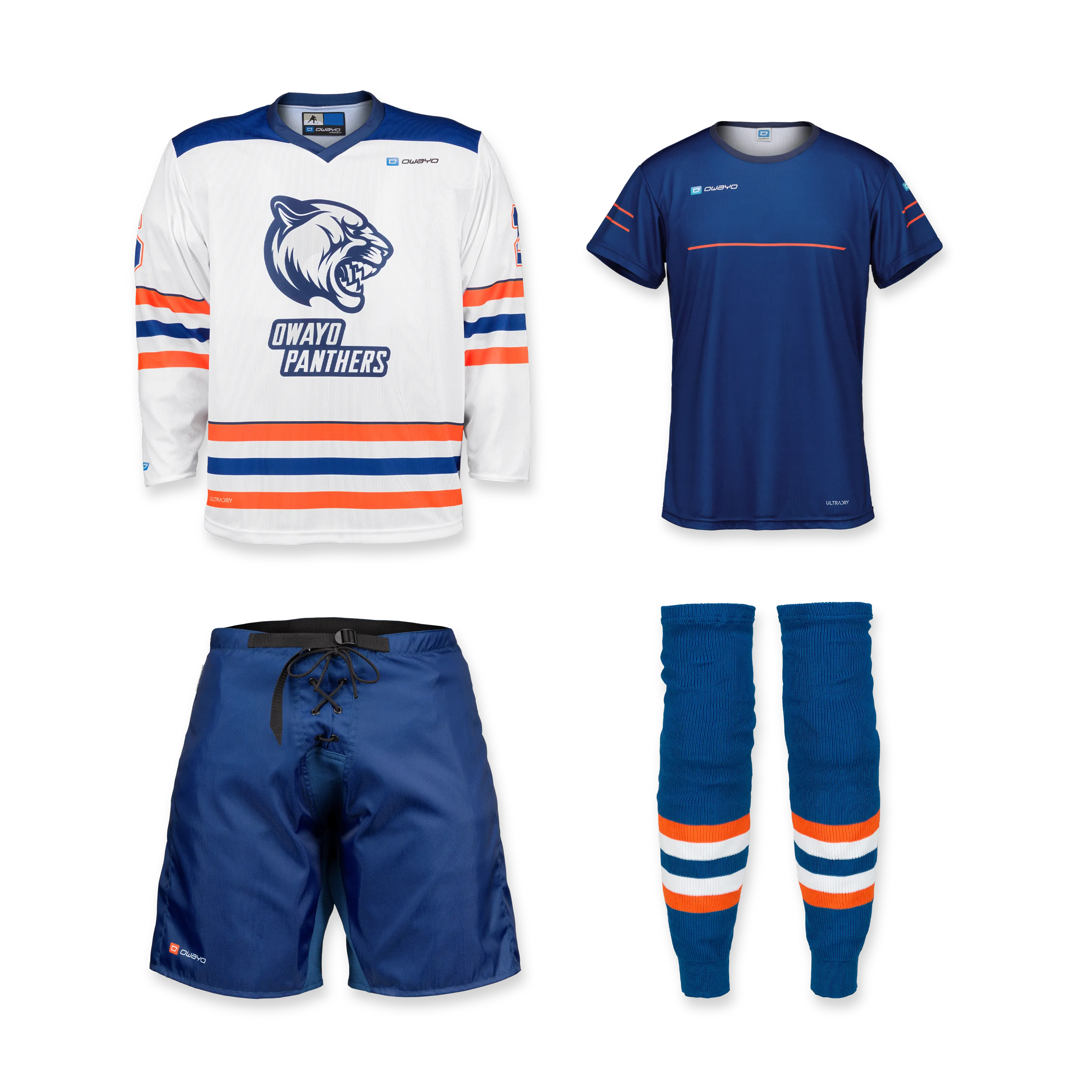 A set featuring a white hockey jersey with a panther logo, a blue sports shirt, blue shorts, and blue socks with orange and white stripes.