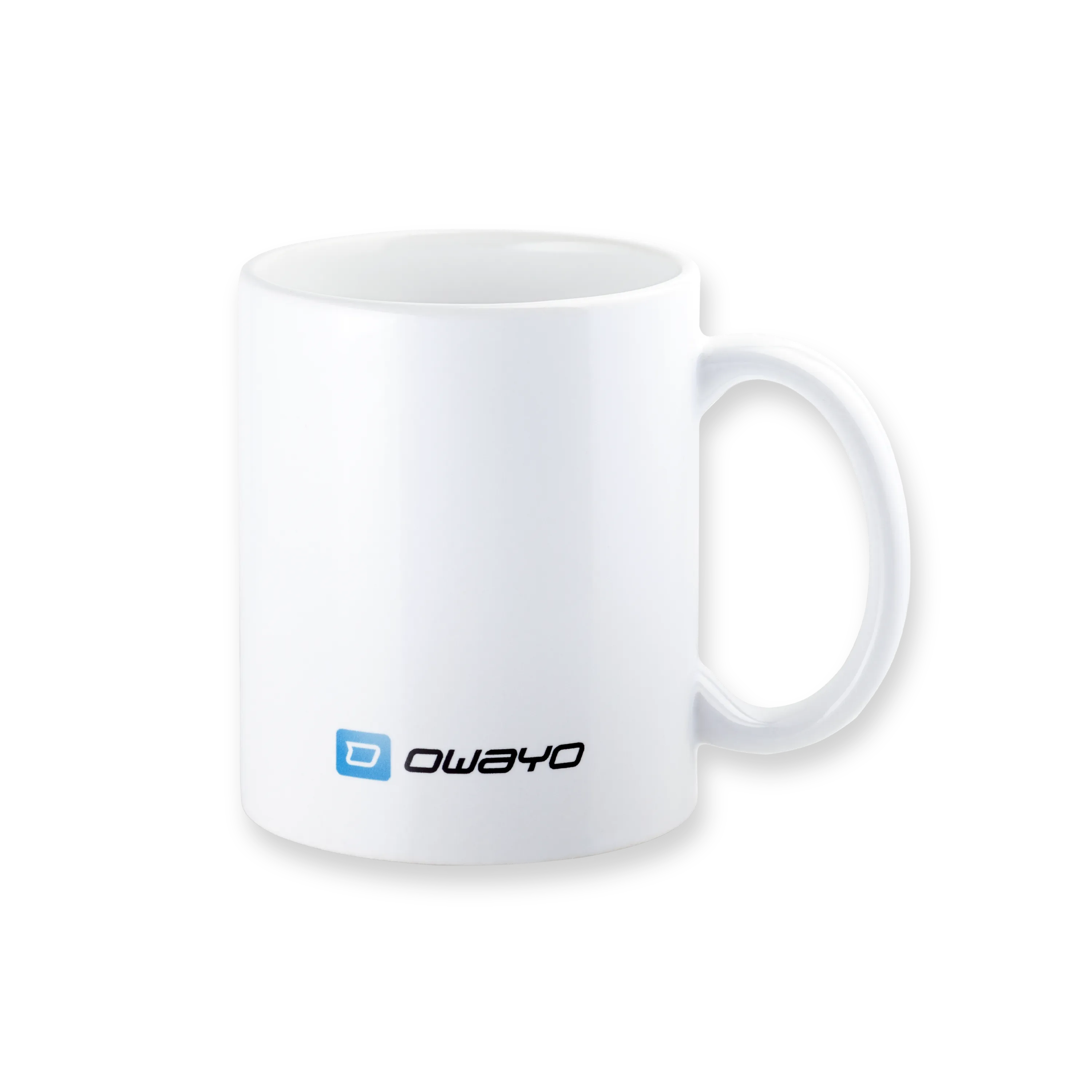 A white mug with a handle featuring a minimalist design.