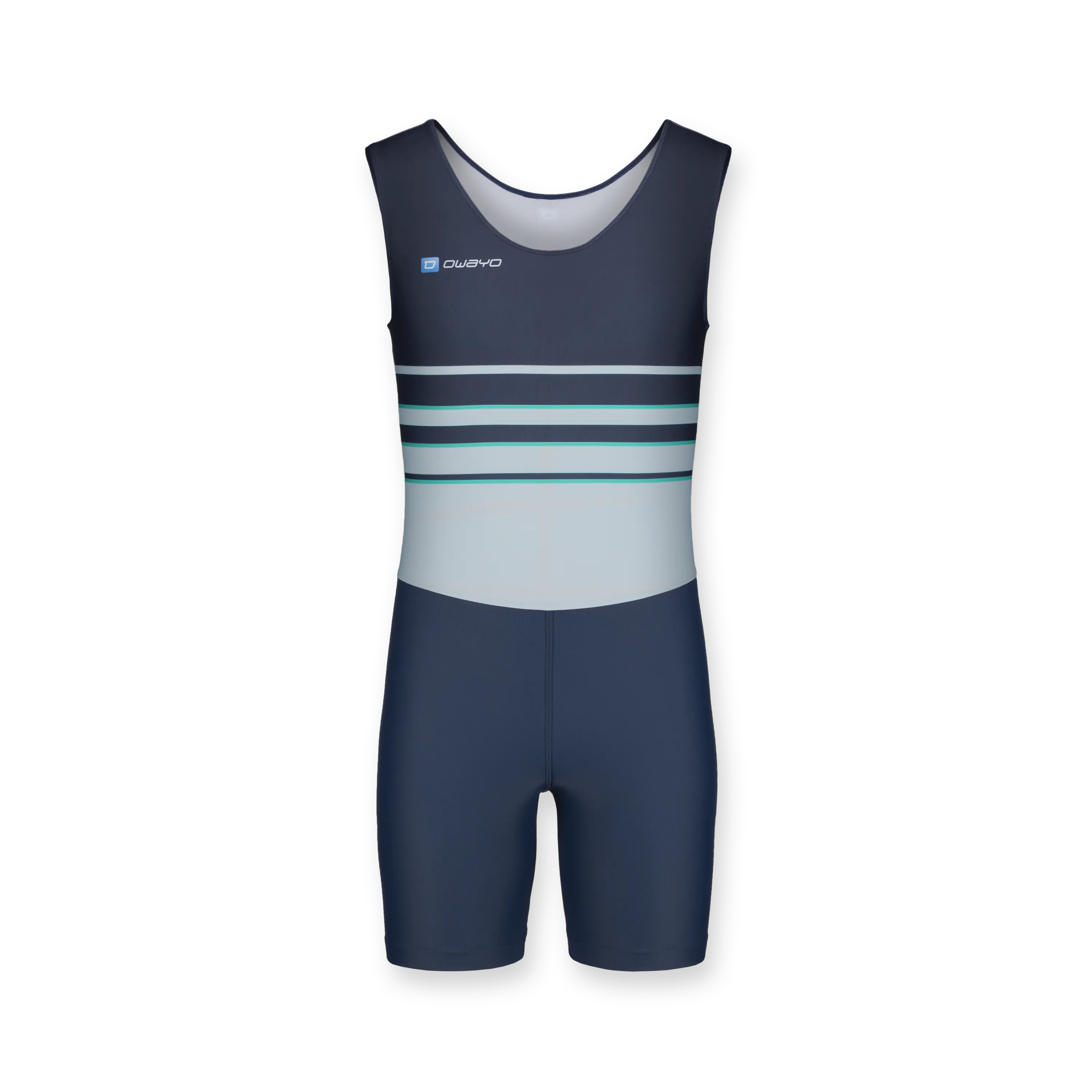 A sleeveless sports suit in navy blue featuring horizontal stripes in light blue and green on the upper part.