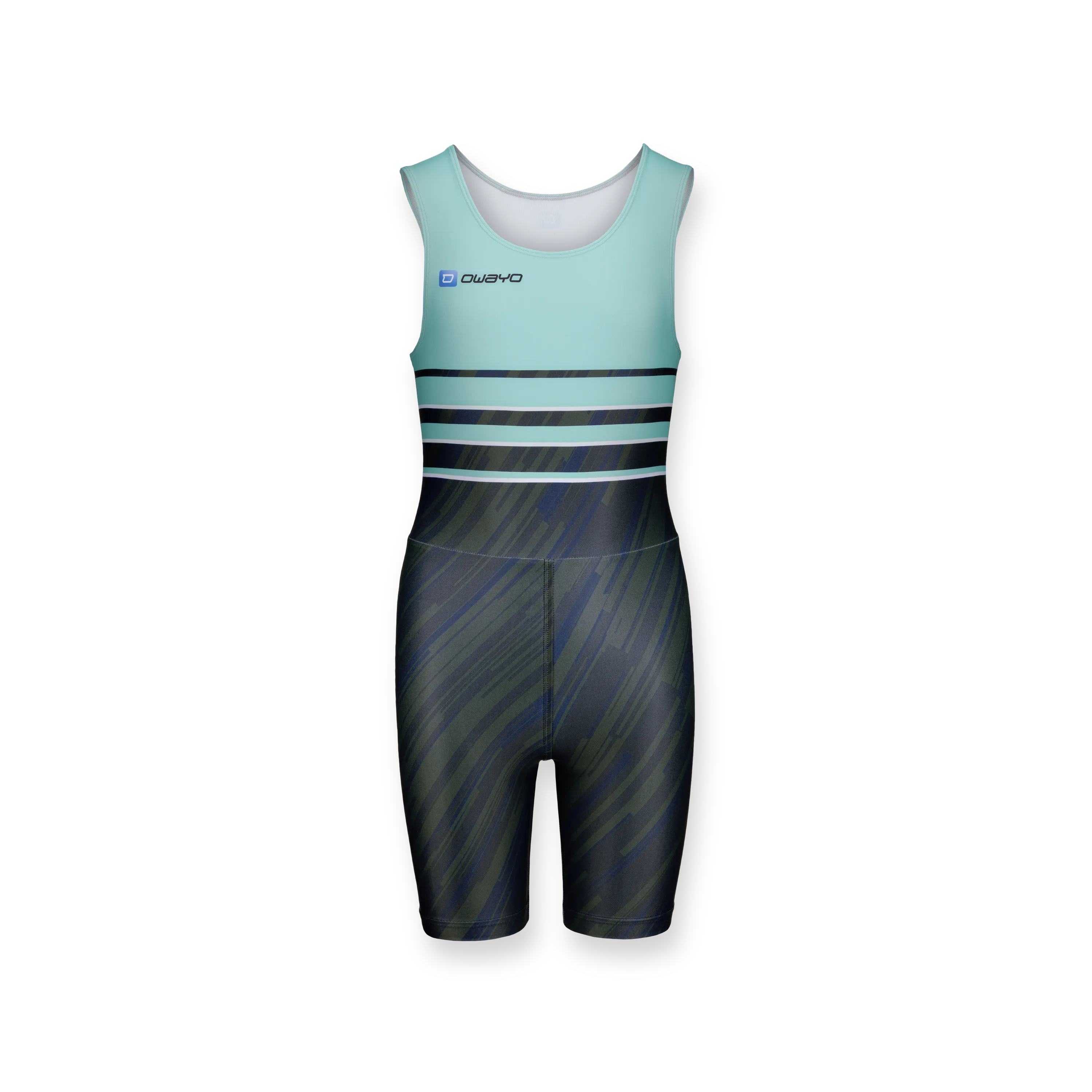 A form-fitting kids' suit in mint green with blue and white stripes, perfect for athletic activities.