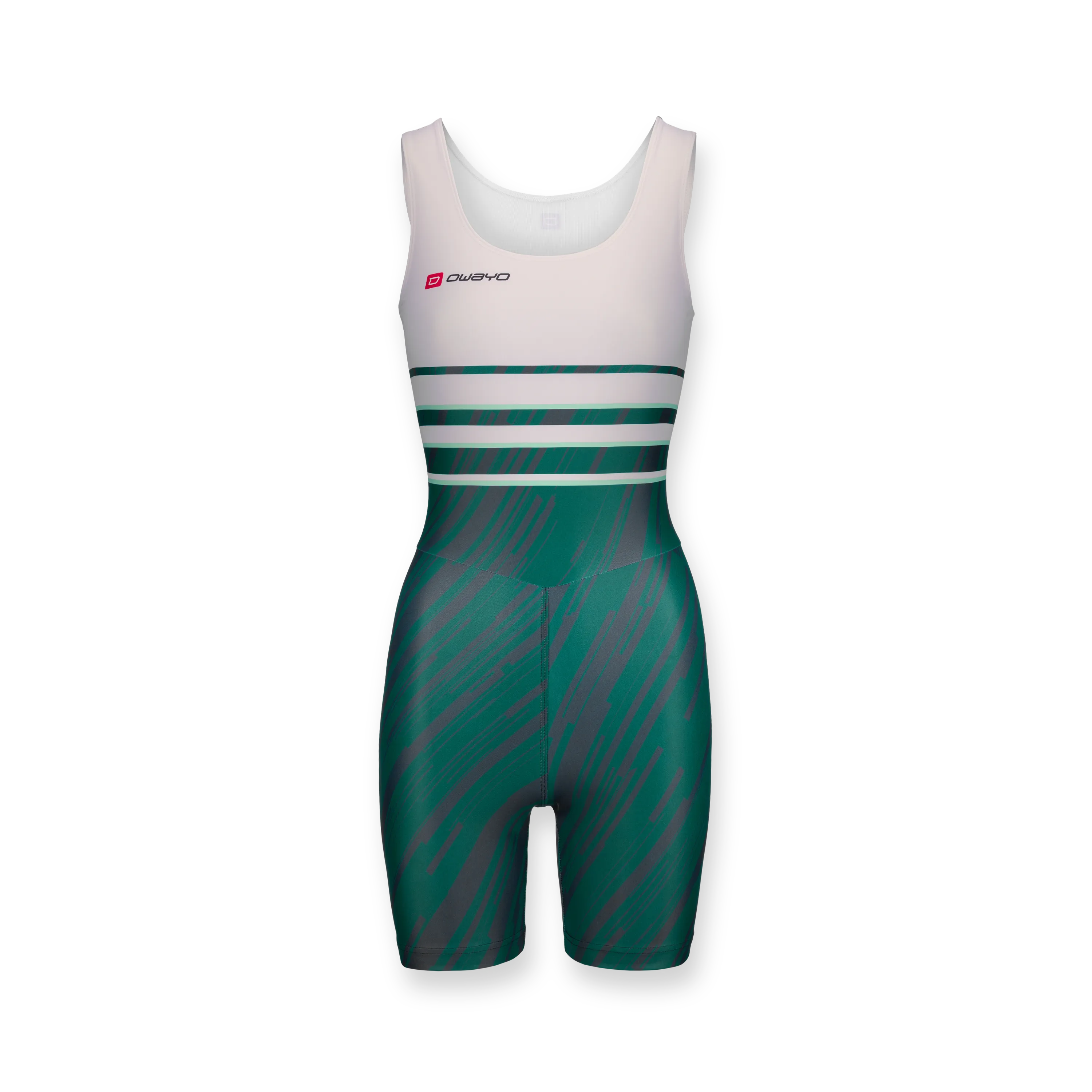 A form-fitting women's suit in green with white stripes and a modern design.
