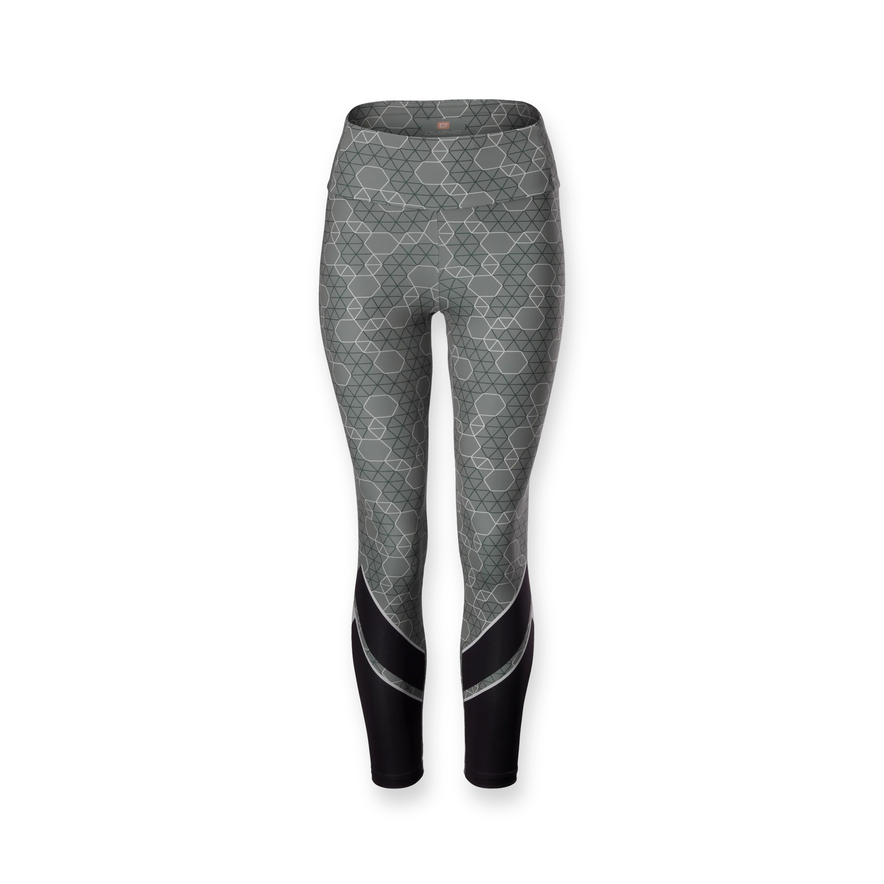 Gray patterned sports leggings featuring a narrow black waistband and side black panels.