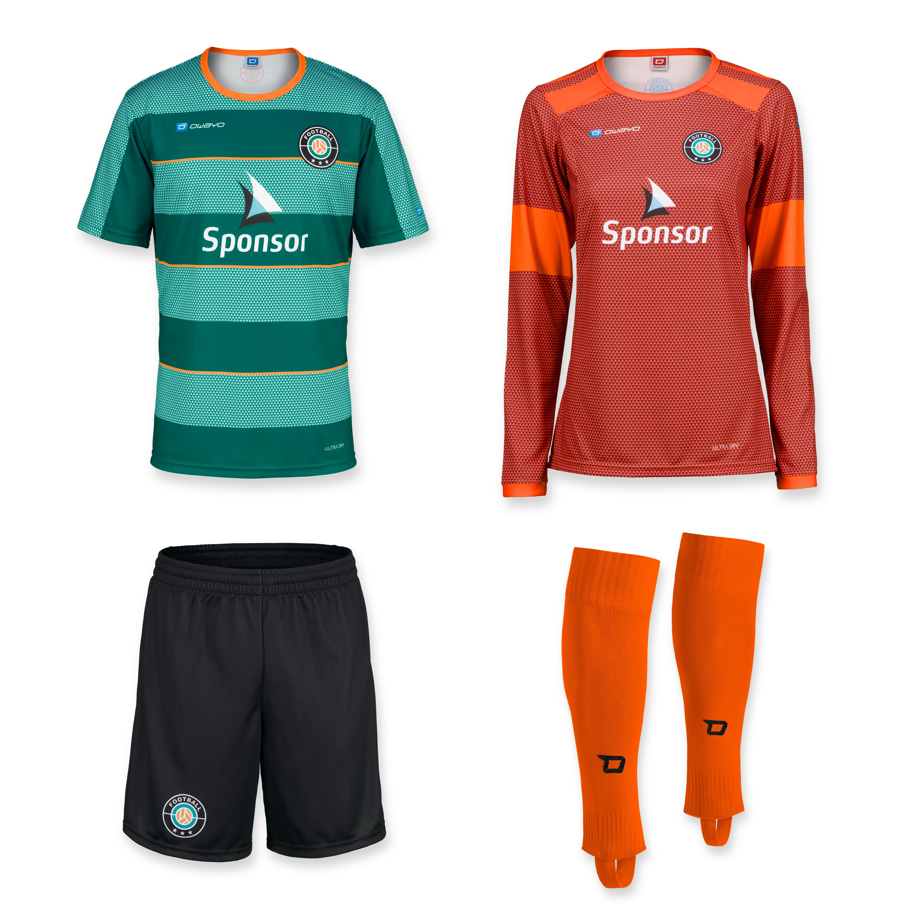A set of two soccer jerseys, a pair of black shorts, and a pair of orange socks, all in various color combinations.