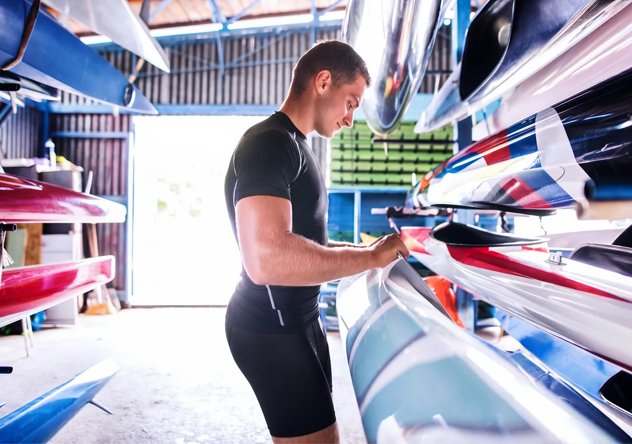 A man in a fitted black sports shirt and shorts examining a rowing boat in a storage facility.